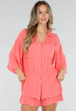 Koraal Matchende Set met Blouse, Shorts en Elastische Taille