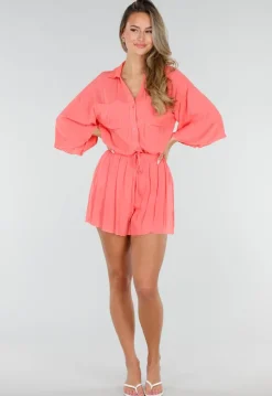Koraal Matchende Set met Blouse, Shorts en Elastische Taille