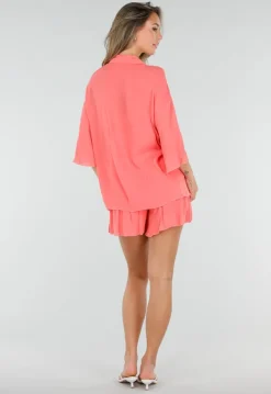 Koraal Matchende Set met Blouse, Shorts en Elastische Taille