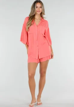 Koraal Matchende Set met Blouse, Shorts en Elastische Taille