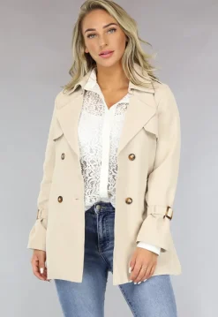 Korte Beige Jas met Tailleband en Knoopsluiting