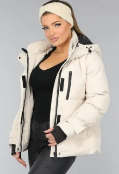 Korte Beige Winterjas met Duimgaten