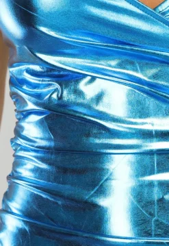Korte Blauwe Metallic Jurk met Overslag