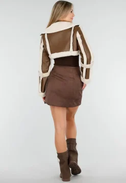 Korte Bruine Lederlook Jas met Imitatiebont