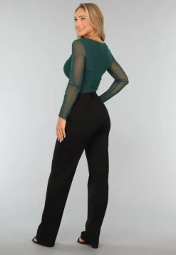 Korte Donkergroene Longsleeve Mesh Top