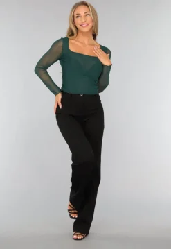 Korte Donkergroene Longsleeve Mesh Top