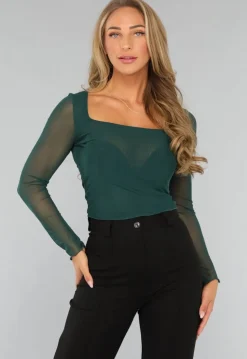 Korte Donkergroene Longsleeve Mesh Top