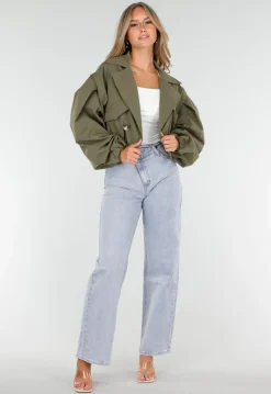 Korte Trench Coat in Armygroen met Double-Breasted Sluiting