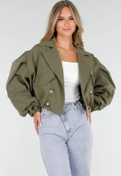 Korte Trench Coat in Armygroen met Double-Breasted Sluiting