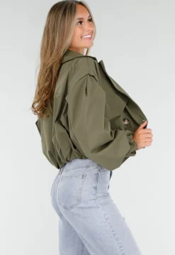Korte Trench Coat in Armygroen met Double-Breasted Sluiting