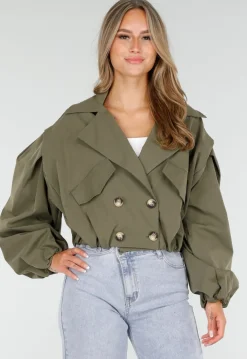 Korte Trench Coat in Armygroen met Double-Breasted Sluiting