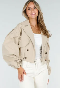 Korte Trench Coat in Beige met Pofmouwen en Knopen