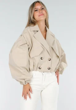 Korte Trench Coat in Beige met Pofmouwen en Knopen