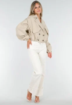 Korte Trench Coat in Beige met Pofmouwen en Knopen