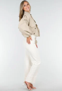 Korte Trench Coat in Beige met Pofmouwen en Knopen