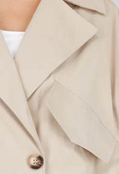 Korte Trench Coat in Beige met Pofmouwen en Knopen