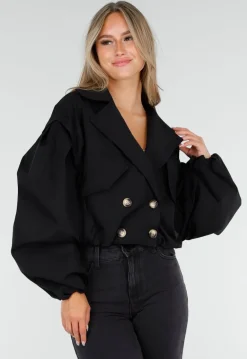 Korte Trench Coat in Zwart met Pofmouwen en Knopen
