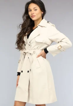 Lange Beige Jas met Tailleband en Knopen