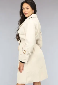 Lange Beige Jas met Tailleband en Knopen