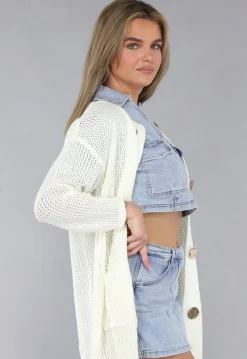 Lang Ecru Oversized Vest met Gebreide Look