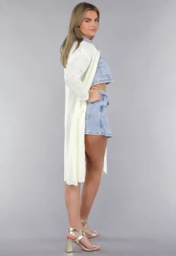 Lang Ecru Oversized Vest met Gebreide Look