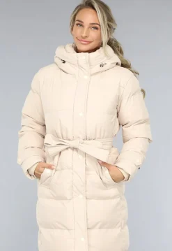 Lange Gewatteerde Beige Winterjas met Tailleband