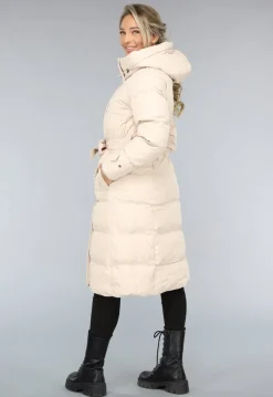 Lange Gewatteerde Beige Winterjas met Tailleband