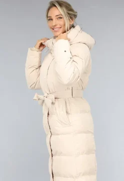 Lange Gewatteerde Beige Winterjas met Tailleband