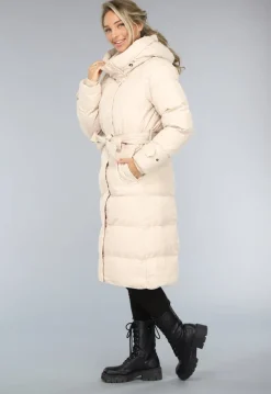 Lange Gewatteerde Beige Winterjas met Tailleband