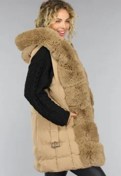 Lange Gewatteerde Camel Bodywarmer met Bont