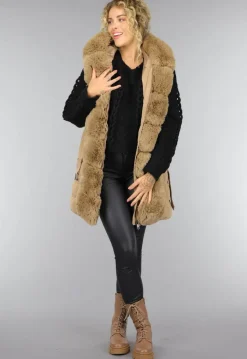 Lange Gewatteerde Camel Bodywarmer met Bont