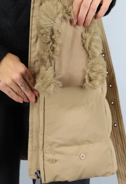 Lange Gewatteerde Camel Bodywarmer met Bont