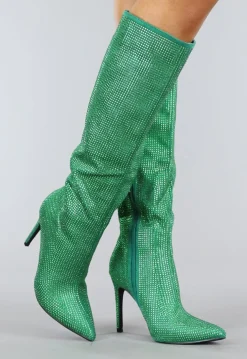 Lange Groene Glitter Laarzen met Stiletto Hak