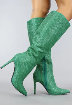 Lange Groene Glitter Laarzen met Stiletto Hak