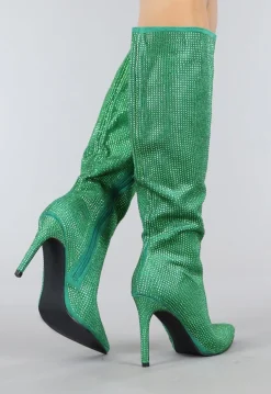 Lange Groene Glitter Laarzen met Stiletto Hak