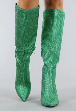 Lange Groene Glitter Laarzen met Stiletto Hak