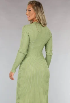 Lange Groene Rib Jurk met Opstaande Kraag