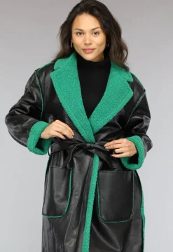 Lange Lederlook Jas met Groene Teddy Voering