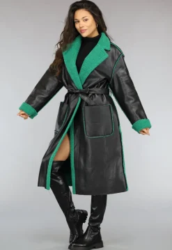 Lange Lederlook Jas met Groene Teddy Voering