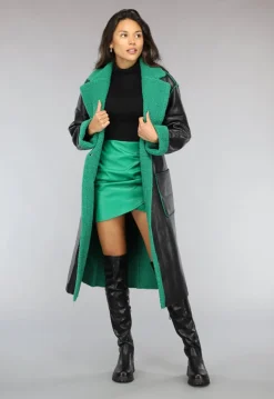 Lange Lederlook Jas met Groene Teddy Voering