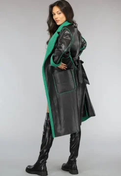 Lange Lederlook Jas met Groene Teddy Voering