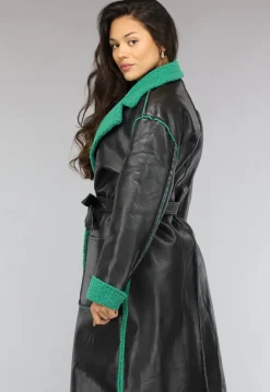 Lange Lederlook Jas met Groene Teddy Voering