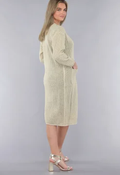 Lange Oversized Beige Cardigan met Gouden Knopen