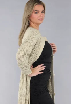Lange Oversized Beige Cardigan met Gouden Knopen