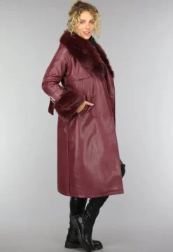 Lange Wijnrode Lederlook Trenchcoat met Bont