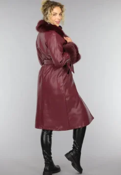 Lange Wijnrode Lederlook Trenchcoat met Bont