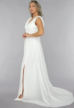 Lange Witte Chiffon Jurk met Veren Details