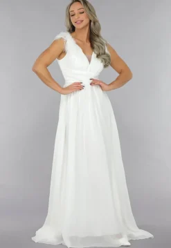 Lange Witte Chiffon Jurk met Veren Details