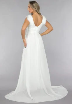 Lange Witte Chiffon Jurk met Veren Details