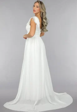 Lange Witte Chiffon Jurk met Veren Details